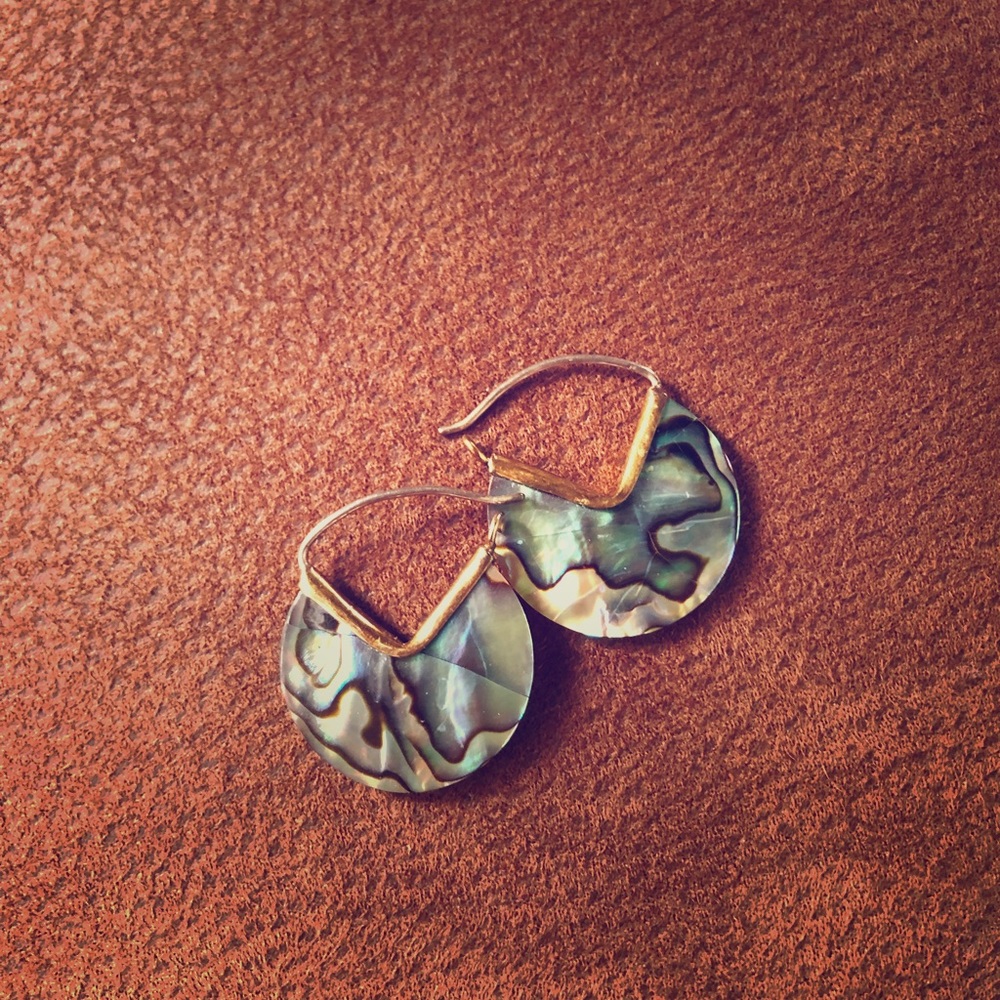 Uniquely styled abalone earrings with gold clasp.